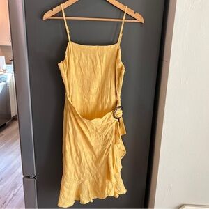 American Eagle Womens Large Yellow Gauze Faux Wrap Dress Mini Smocked Sun